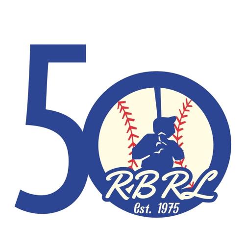 Reading Babe Ruth League 50th anniversary logo featuring a batter silhouette inside a baseball, with "RBRL Est. 1975" beneath.