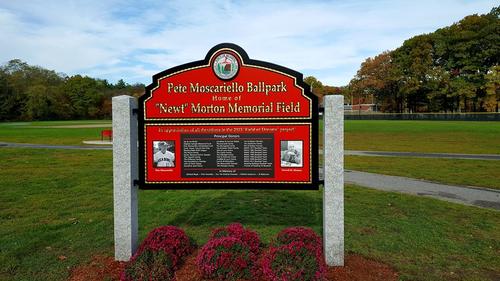 Welcome sign at Pete Moscariello Ballpark — Home of "Newt" Morton Memorial Field — in Reading, MA.