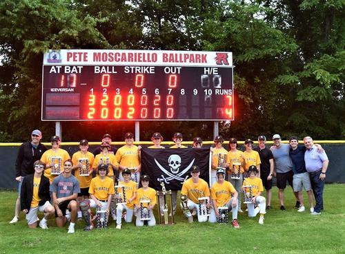 Reading Pirates players, coaches, and families gather under the Pete Moscariello Ballpark scoreboard with their championship trophies and a Jolly Roger flag after sweeping the Royals.
